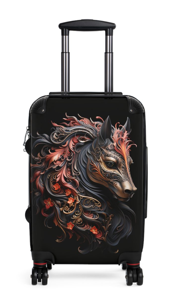 Elegant gothic black horse suitcase, a timeless and stylish travel essential. Crafted for durability and sophistication, it's the perfect travel companion for the discerning adventurer.