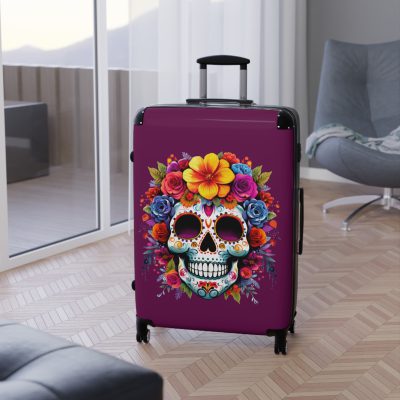 Edgy sugar skull suitcase, a bold and vibrant travel companion. Crafted for durability and adorned with rebellious sugar skull designs, it's perfect for those who embrace a touch of edge on the go.