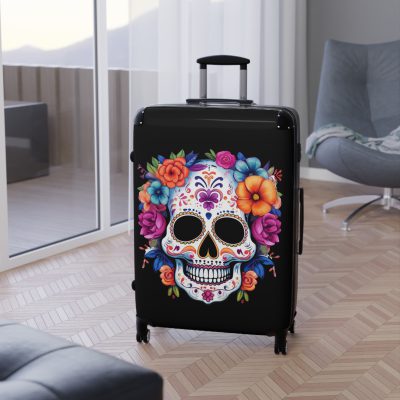 Edgy sugar skull suitcase, a bold and vibrant travel companion. Crafted for durability and adorned with rebellious sugar skull designs, it's perfect for those who embrace a touch of edge on the go.