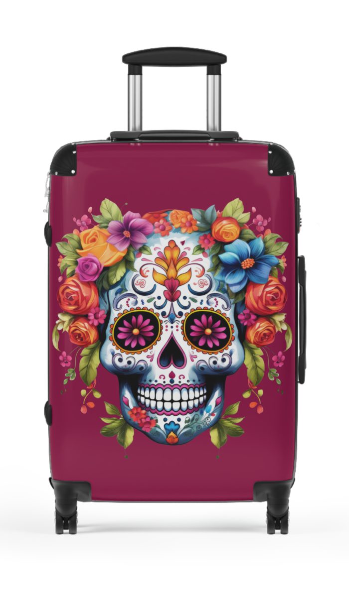 Edgy sugar skull suitcase, a bold and vibrant travel companion. Crafted for durability and adorned with rebellious sugar skull designs, it's perfect for those who embrace a touch of edge on the go.