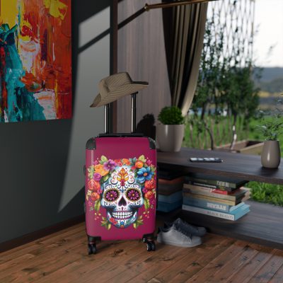 Edgy sugar skull suitcase, a bold and vibrant travel companion. Crafted for durability and adorned with rebellious sugar skull designs, it's perfect for those who embrace a touch of edge on the go.