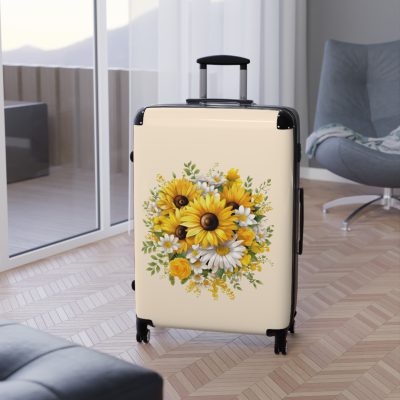 Floral sunflower daisy suitcase, a stylish and enduring travel companion. Crafted with vibrant sunflower and daisy designs, it's the perfect luggage for those who seek elegance on the go.