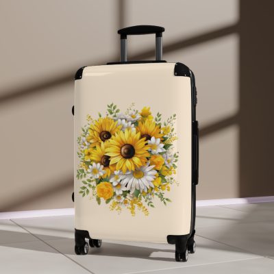 Floral sunflower daisy suitcase, a stylish and enduring travel companion. Crafted with vibrant sunflower and daisy designs, it's the perfect luggage for those who seek elegance on the go.