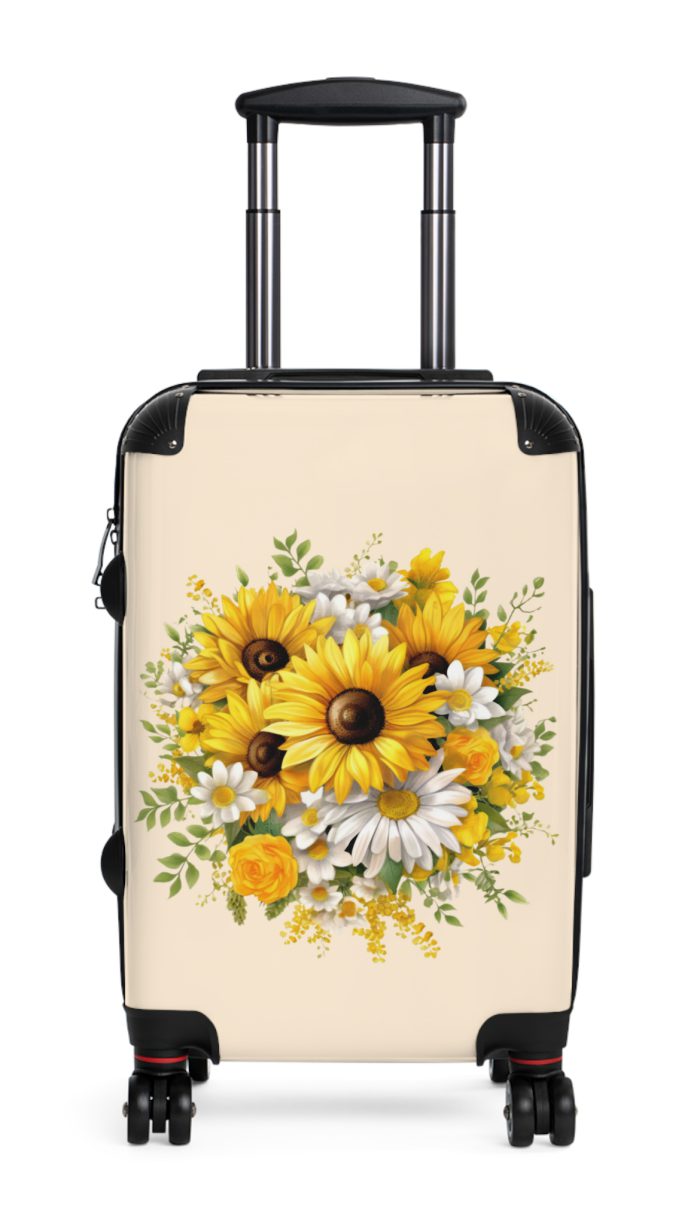 Floral sunflower daisy suitcase, a stylish and enduring travel companion. Crafted with vibrant sunflower and daisy designs, it's the perfect luggage for those who seek elegance on the go.