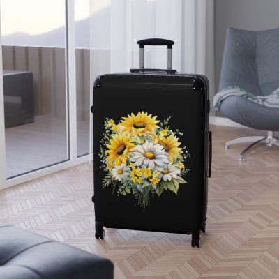 Floral sunflower daisy suitcase, a stylish and enduring travel companion. Crafted with vibrant sunflower and daisy designs, it's the perfect luggage for those who seek elegance on the go.