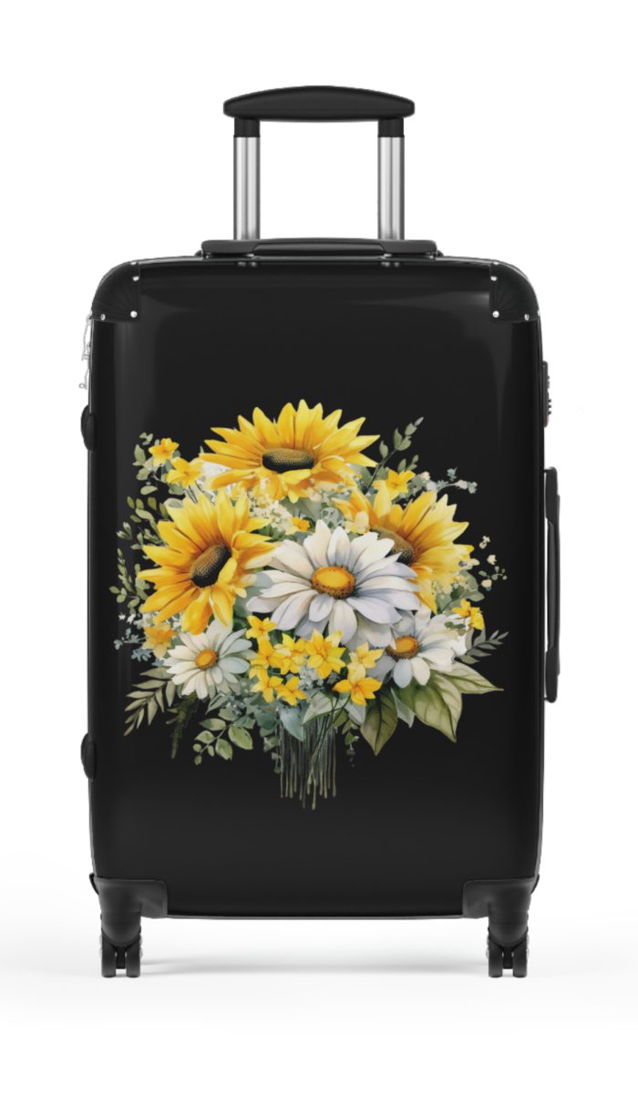 Floral sunflower daisy suitcase, a stylish and enduring travel companion. Crafted with vibrant sunflower and daisy designs, it's the perfect luggage for those who seek elegance on the go.