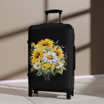 Floral sunflower daisy suitcase, a stylish and enduring travel companion. Crafted with vibrant sunflower and daisy designs, it's the perfect luggage for those who seek elegance on the go.