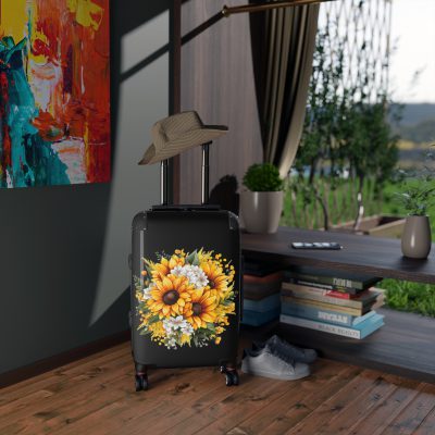 Floral sunflower daisy suitcase, a stylish and enduring travel companion. Crafted with vibrant sunflower and daisy designs, it's the perfect luggage for those who seek elegance on the go.