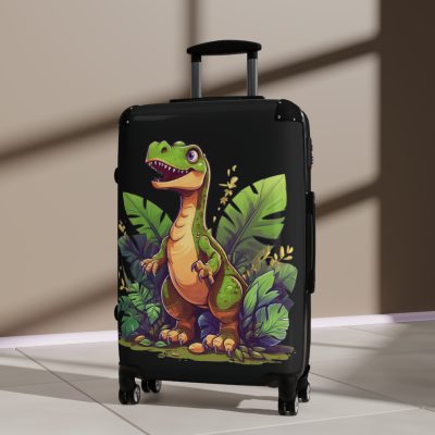 Whimsical cartoon dinosaur suitcase, perfect for travel enthusiasts. Vibrant design and durable build make it a delightful and practical travel companion.