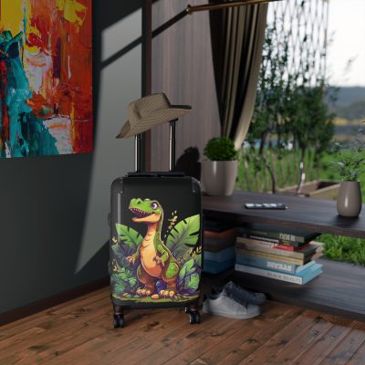 Whimsical cartoon dinosaur suitcase, perfect for travel enthusiasts. Vibrant design and durable build make it a delightful and practical travel companion.