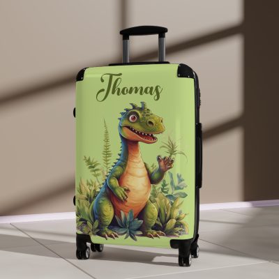 Personalized cartoon dinosaur custom suitcase, vibrant and whimsical. Customize your travel experience with this delightful and durable suitcase for a uniquely yours journey.