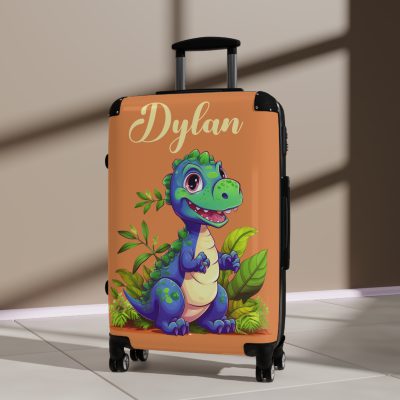 Personalized cartoon dinosaur custom suitcase, vibrant and whimsical. Customize your travel experience with this delightful and durable suitcase for a uniquely yours journey.