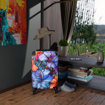 Stained Glass Flower Suitcase - A travel masterpiece adorned with vibrant, stained glass-inspired floral patterns for an artistic touch.