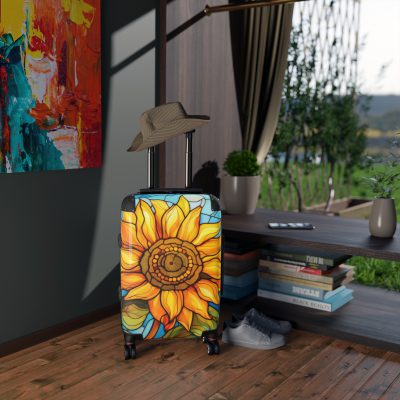 Stained Glass Flower Suitcase - A travel masterpiece adorned with vibrant, stained glass-inspired floral patterns for an artistic touch.