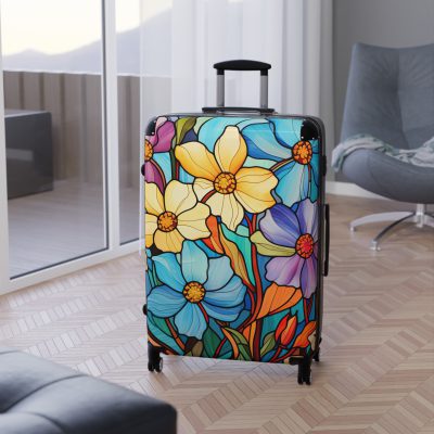 Stained Glass Flower Suitcase - A travel masterpiece adorned with vibrant, stained glass-inspired floral patterns for an artistic touch.