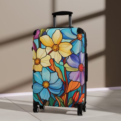 Stained Glass Flower Suitcase - A travel masterpiece adorned with vibrant, stained glass-inspired floral patterns for an artistic touch.