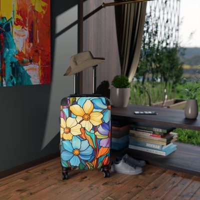 Stained Glass Flower Suitcase - A travel masterpiece adorned with vibrant, stained glass-inspired floral patterns for an artistic touch.