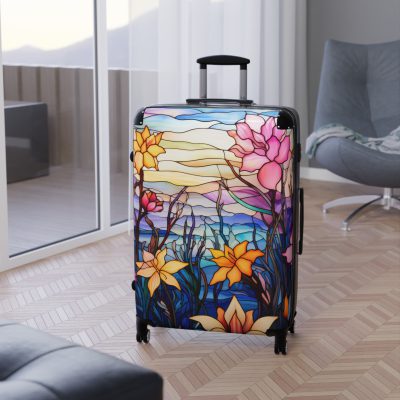 Stained Glass Flower Suitcase - A travel masterpiece adorned with vibrant, stained glass-inspired floral patterns for an artistic touch.