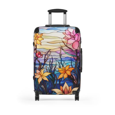 Stained Glass Flower Suitcase - A travel masterpiece adorned with vibrant, stained glass-inspired floral patterns for an artistic touch.