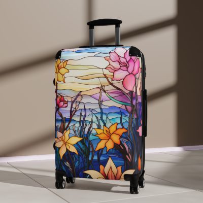 Stained Glass Flower Suitcase - A travel masterpiece adorned with vibrant, stained glass-inspired floral patterns for an artistic touch.