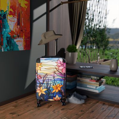 Stained Glass Flower Suitcase - A travel masterpiece adorned with vibrant, stained glass-inspired floral patterns for an artistic touch.