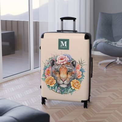 Custom Floral Tiger Suitcase - A bespoke blend of wild tiger motifs and personalized florals for the traveler with a unique style.