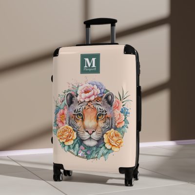 Custom Floral Tiger Suitcase - A bespoke blend of wild tiger motifs and personalized florals for the traveler with a unique style.