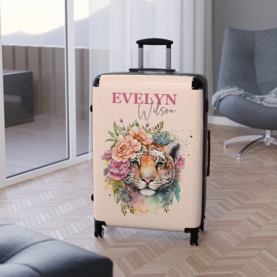 Custom Floral Tiger Suitcase - A bespoke blend of wild tiger motifs and personalized florals for the traveler with a unique style.