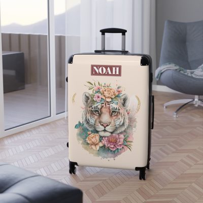 Custom Floral Tiger Suitcase - A bespoke blend of wild tiger motifs and personalized florals for the traveler with a unique style.