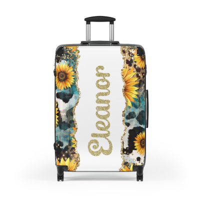 Custom Sunflower Cowhide Leopard Suitcase - A stunning blend of sunflowers, cowhide, and leopard print, designed for travelers who seek style and functionality.