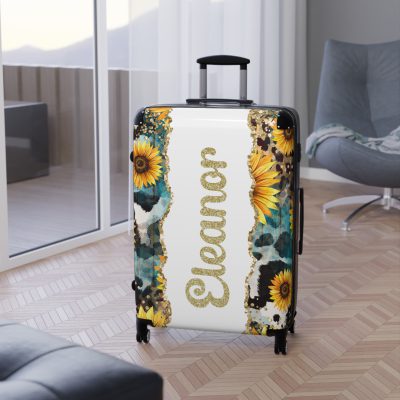 Custom Sunflower Cowhide Leopard Suitcase - A stunning blend of sunflowers, cowhide, and leopard print, designed for travelers who seek style and functionality.