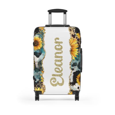 Custom Sunflower Cowhide Leopard Suitcase - A stunning blend of sunflowers, cowhide, and leopard print, designed for travelers who seek style and functionality.