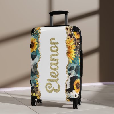 Custom Sunflower Cowhide Leopard Suitcase - A stunning blend of sunflowers, cowhide, and leopard print, designed for travelers who seek style and functionality.