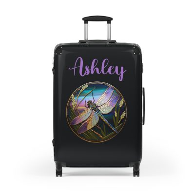 Dragonfly Custom Suitcase - Personalized travel essential adorned with a charming ladybug design for a touch of whimsical elegance.