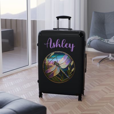 Dragonfly Custom Suitcase - Personalized travel essential adorned with a charming ladybug design for a touch of whimsical elegance.