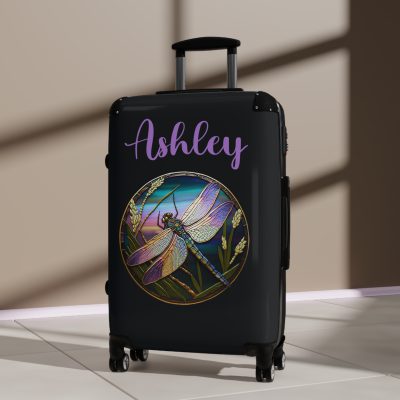 Dragonfly Custom Suitcase - Personalized travel essential adorned with a charming ladybug design for a touch of whimsical elegance.