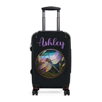 Dragonfly Custom Suitcase - Personalized travel essential adorned with a charming ladybug design for a touch of whimsical elegance.