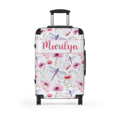 Floral Dragonfly Custom Suitcase - A stunning travel companion adorned with delicate dragonflies and vibrant florals, blending elegance and practicality.