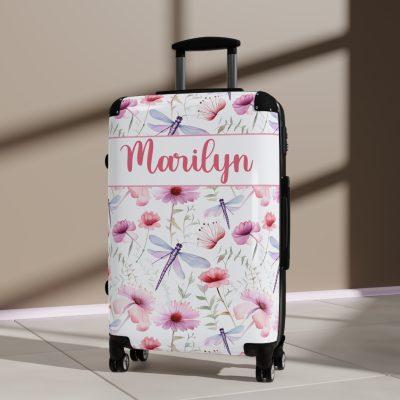 Floral Dragonfly Custom Suitcase - A stunning travel companion adorned with delicate dragonflies and vibrant florals, blending elegance and practicality.