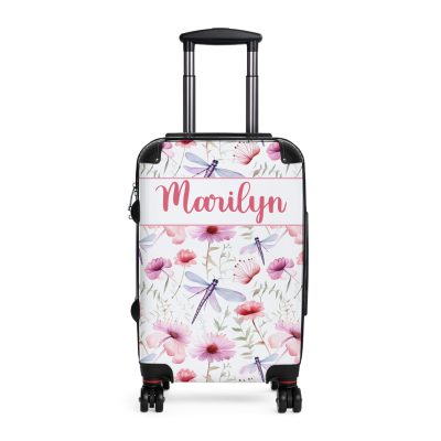 Floral Dragonfly Custom Suitcase - A stunning travel companion adorned with delicate dragonflies and vibrant florals, blending elegance and practicality.