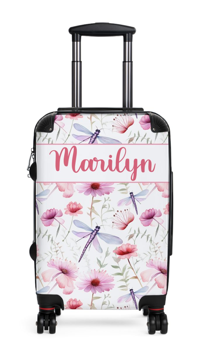 Floral Dragonfly Custom Suitcase - A stunning travel companion adorned with delicate dragonflies and vibrant florals, blending elegance and practicality.