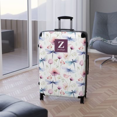 Floral Dragonfly Custom Suitcase - A stunning travel companion adorned with delicate dragonflies and vibrant florals, blending elegance and practicality.