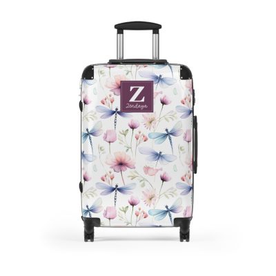 Floral Dragonfly Custom Suitcase - A stunning travel companion adorned with delicate dragonflies and vibrant florals, blending elegance and practicality.