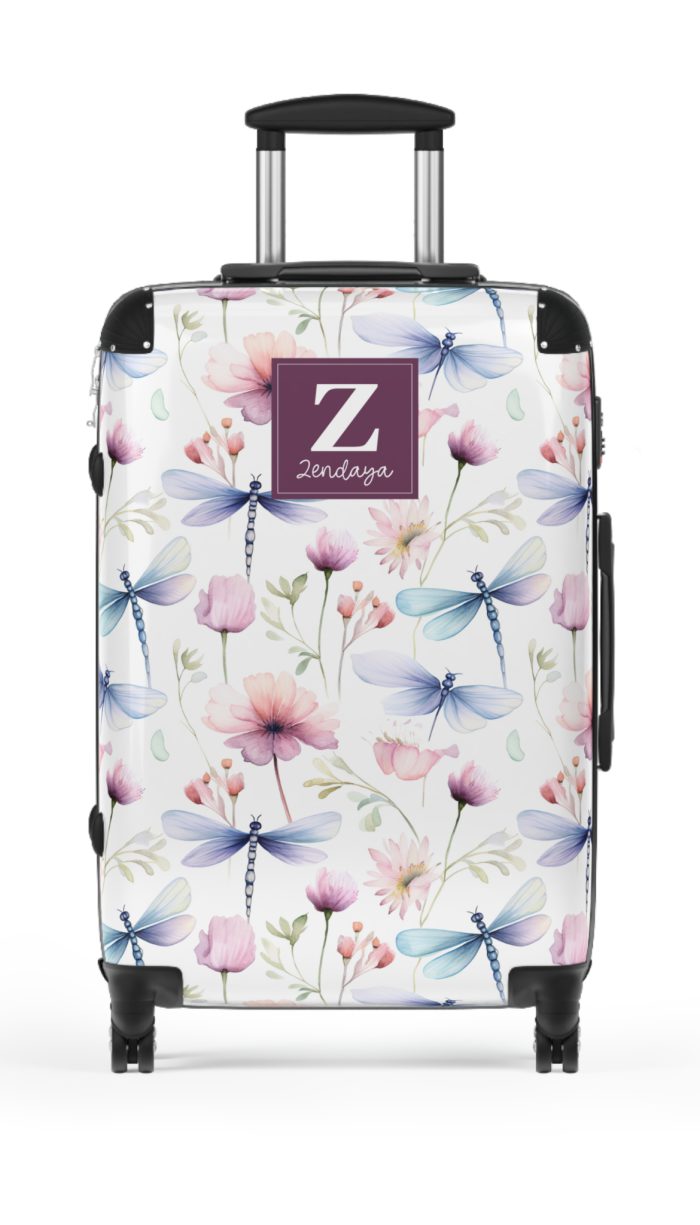 Floral Dragonfly Custom Suitcase - A stunning travel companion adorned with delicate dragonflies and vibrant florals, blending elegance and practicality.