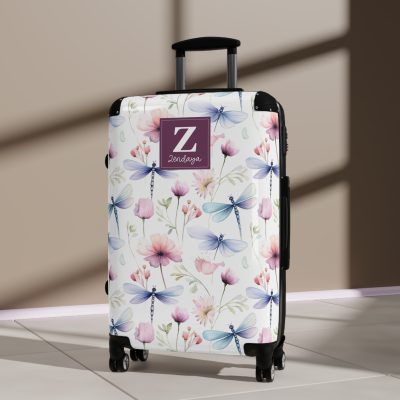 Floral Dragonfly Custom Suitcase - A stunning travel companion adorned with delicate dragonflies and vibrant florals, blending elegance and practicality.