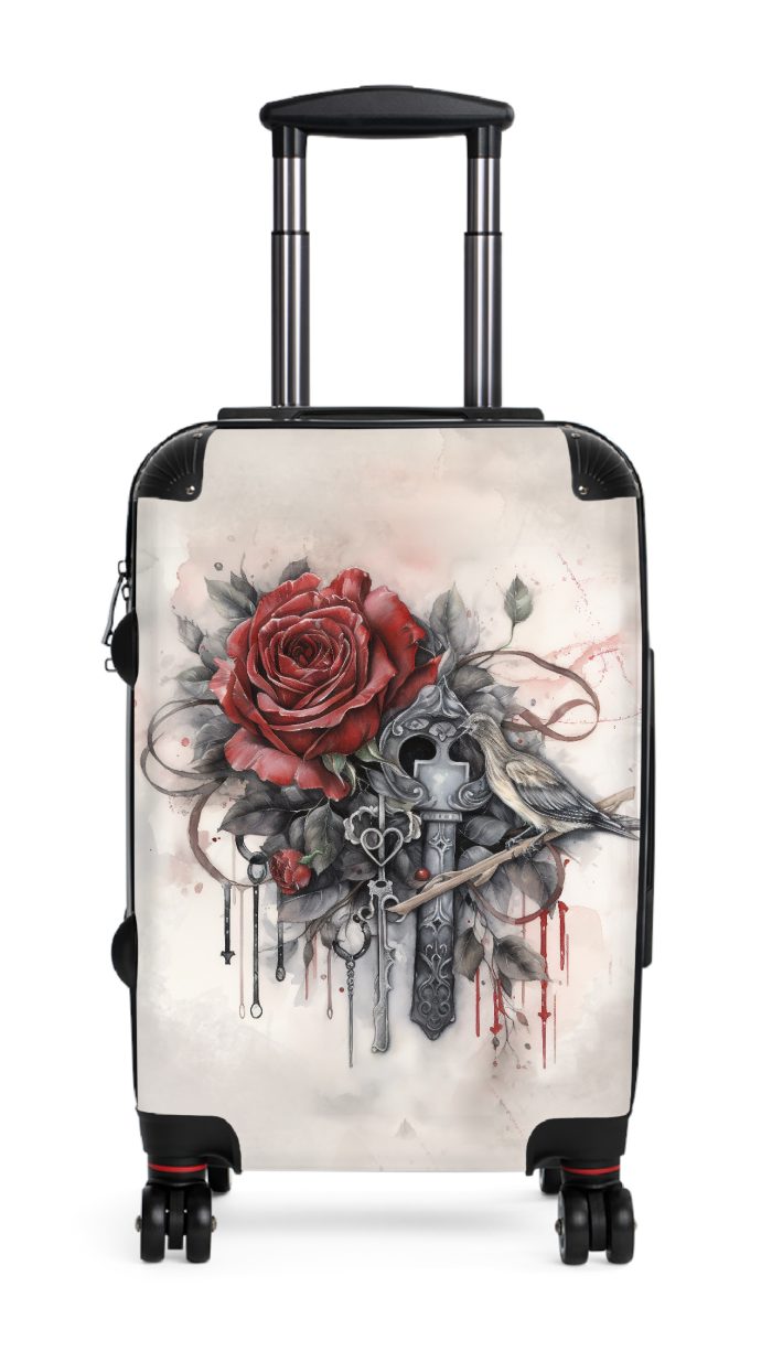 Romantic gothic rose suitcase, a stylish and enduring travel essential. Crafted with intricate rose designs, it's the perfect companion for those who seek elegance on the go.