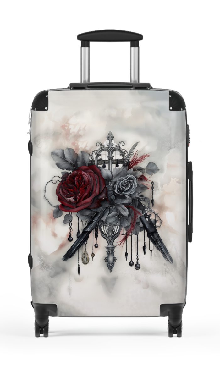 Romantic gothic rose suitcase, a stylish and enduring travel essential. Crafted with intricate rose designs, it's the perfect companion for those who seek elegance on the go.