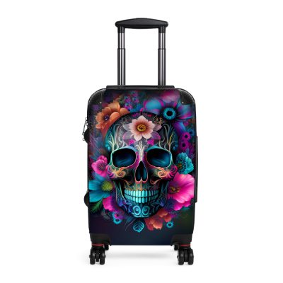 Edgy sugar skull suitcase, a bold and vibrant travel companion. Crafted for durability and adorned with rebellious sugar skull designs, it's perfect for those who embrace a touch of edge on the go.