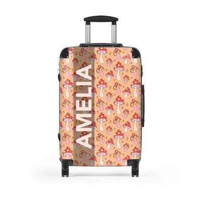 Custom Retro Mushroom suitcase, a durable and stylish travel companion. Crafted with custom names and retro mushroom designs, it's perfect for enthusiasts on the go.