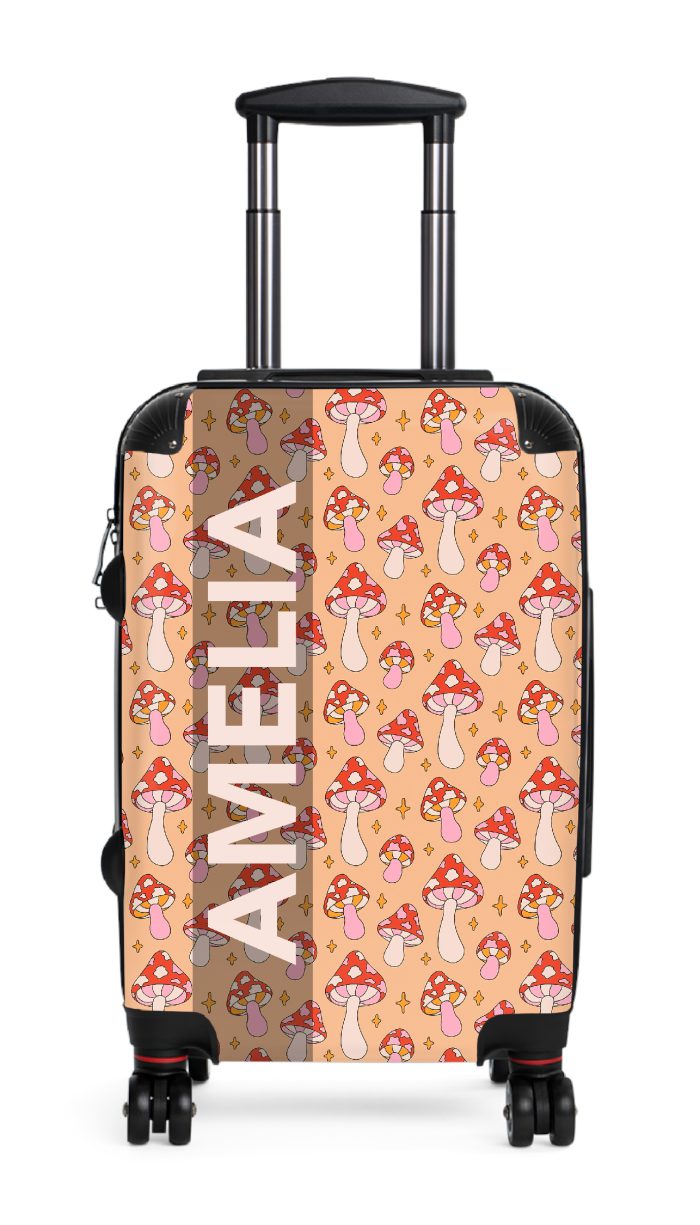 Custom Retro Mushroom suitcase, a durable and stylish travel companion. Crafted with custom names and retro mushroom designs, it's perfect for enthusiasts on the go.